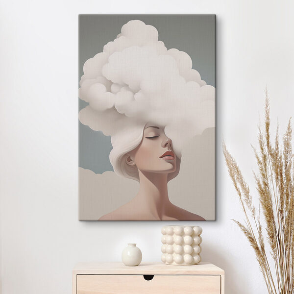 Canvas Schilderijen Vrouw met wit haar en wolken in haar haar