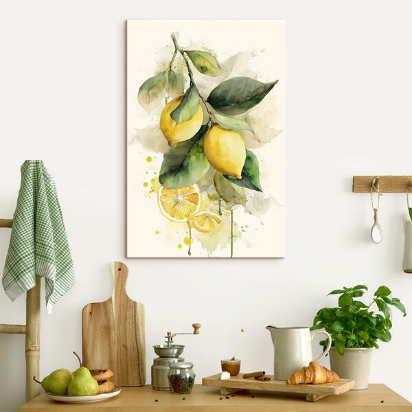 Canvas Schilderijen Aquarel van citroenen aan een tak
