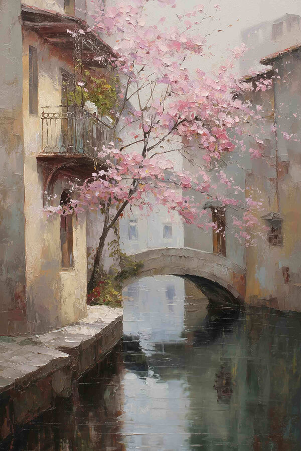 Painting of a river with a pink tree and a bridge
