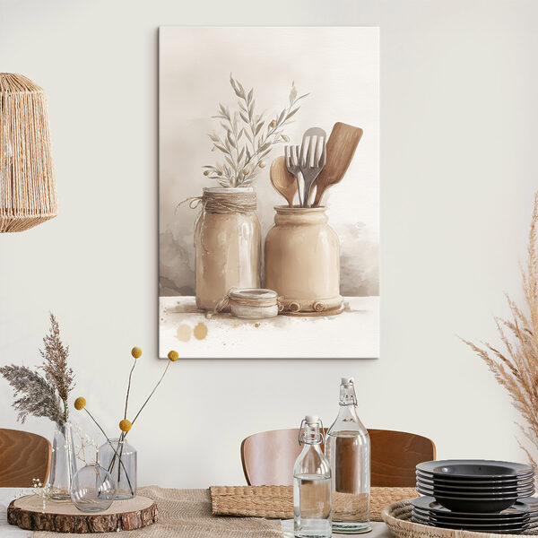 Canvas Schilderijen Schilderij van potten met gebruiksvoorwerpen