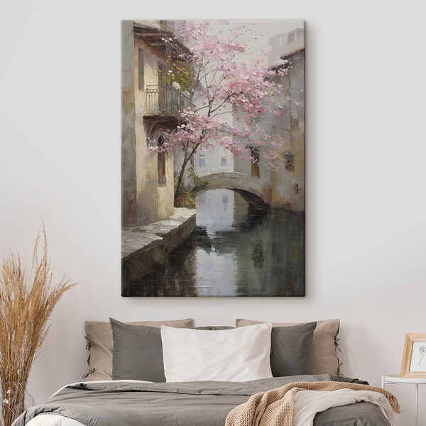 Canvas Schilderijen Canvas Schilderijen Schilderij van een rivier met een roze boom en een brug (Artikelnummer: s47126)