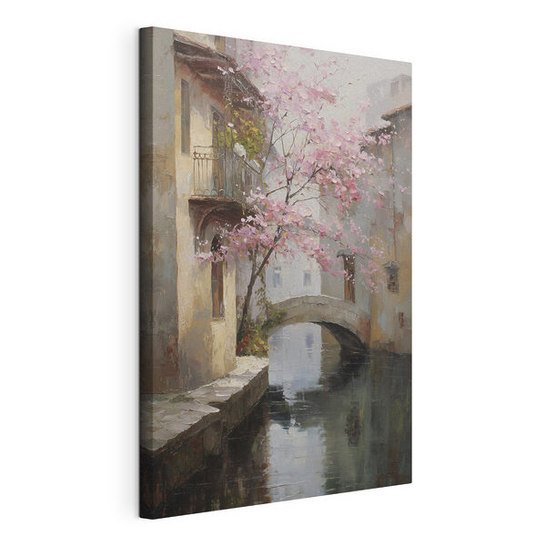 Canvas Schilderijen Canvas Schilderijen Schilderij van een rivier met een roze boom en een brug (Artikelnummer: s47126)