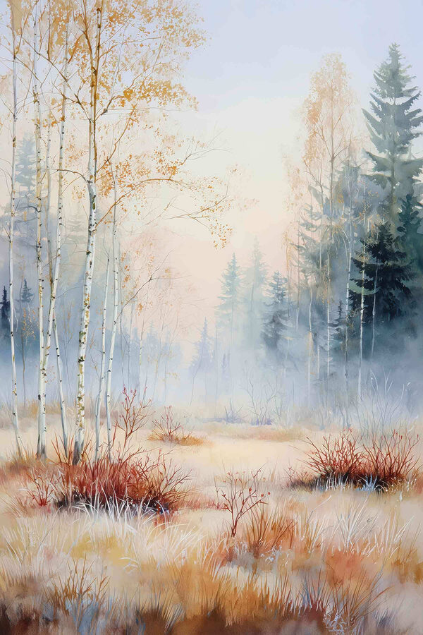 Painting of a forest with fog