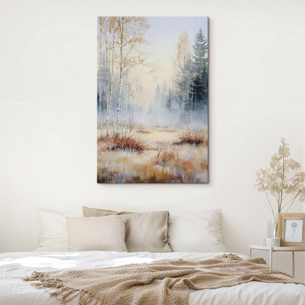 Painting of a forest with fog