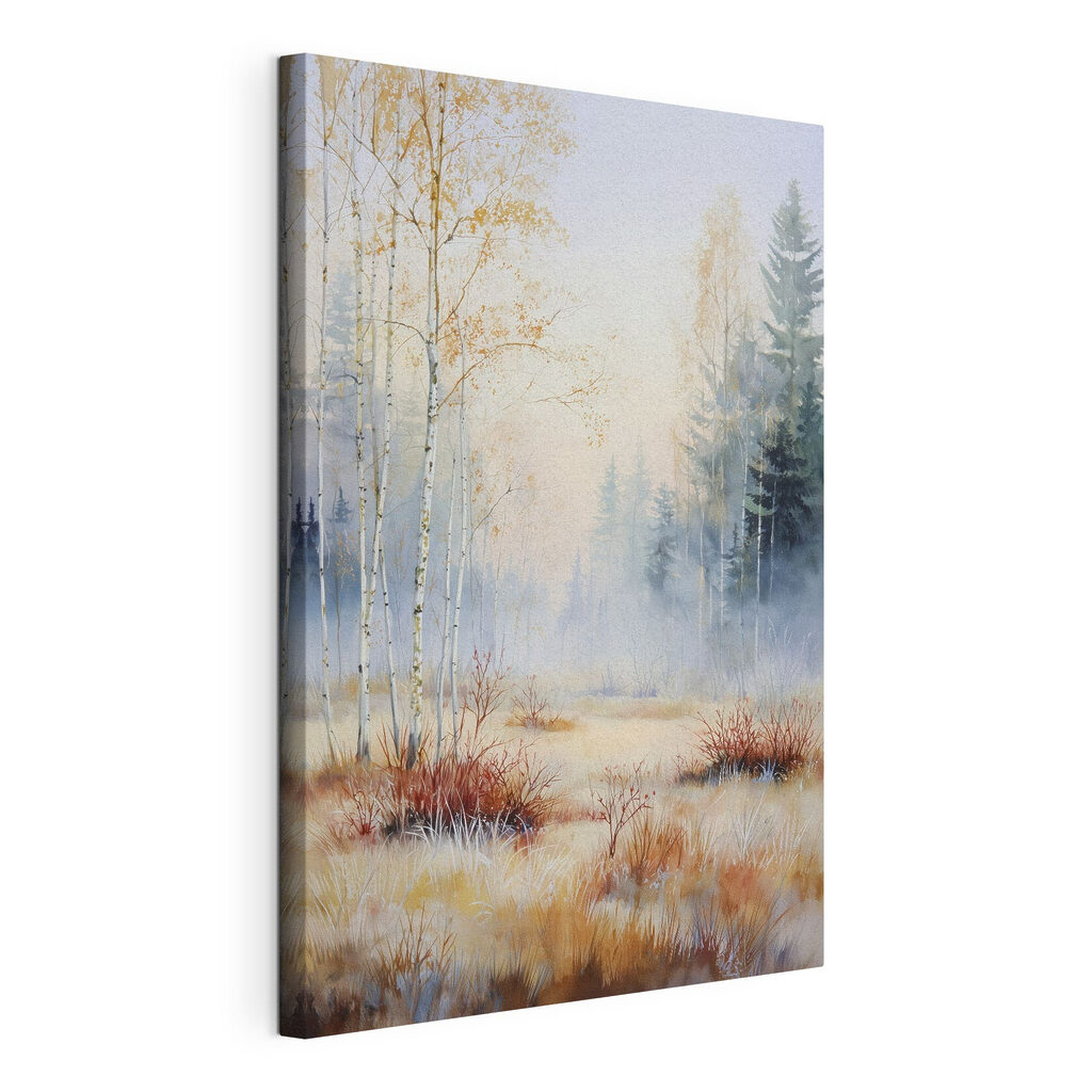 Painting of a forest with fog