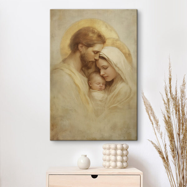 Canvas Schilderijen Schilderij van een gezin met een baby in de armen
