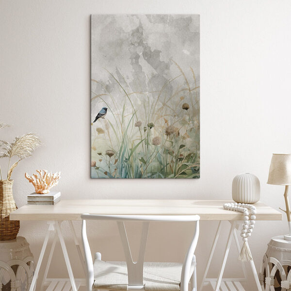 Canvas Schilderijen Vogel op een tak in een grasveld