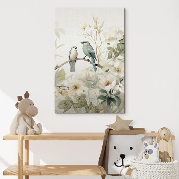 Canvas Schilderijen Canvas Schilderijen Twee vogels op een tak met bloemen (Artikelnummer: s46896)