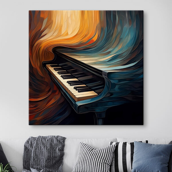 Canvas Schilderijen Canvas Schilderijen Piano met een kleurrijk gordijn (Artikelnummer: s47390)
