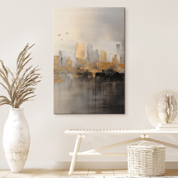 Canvas Schilderijen Schilderij van een stad met vogels die in de lucht vliegen