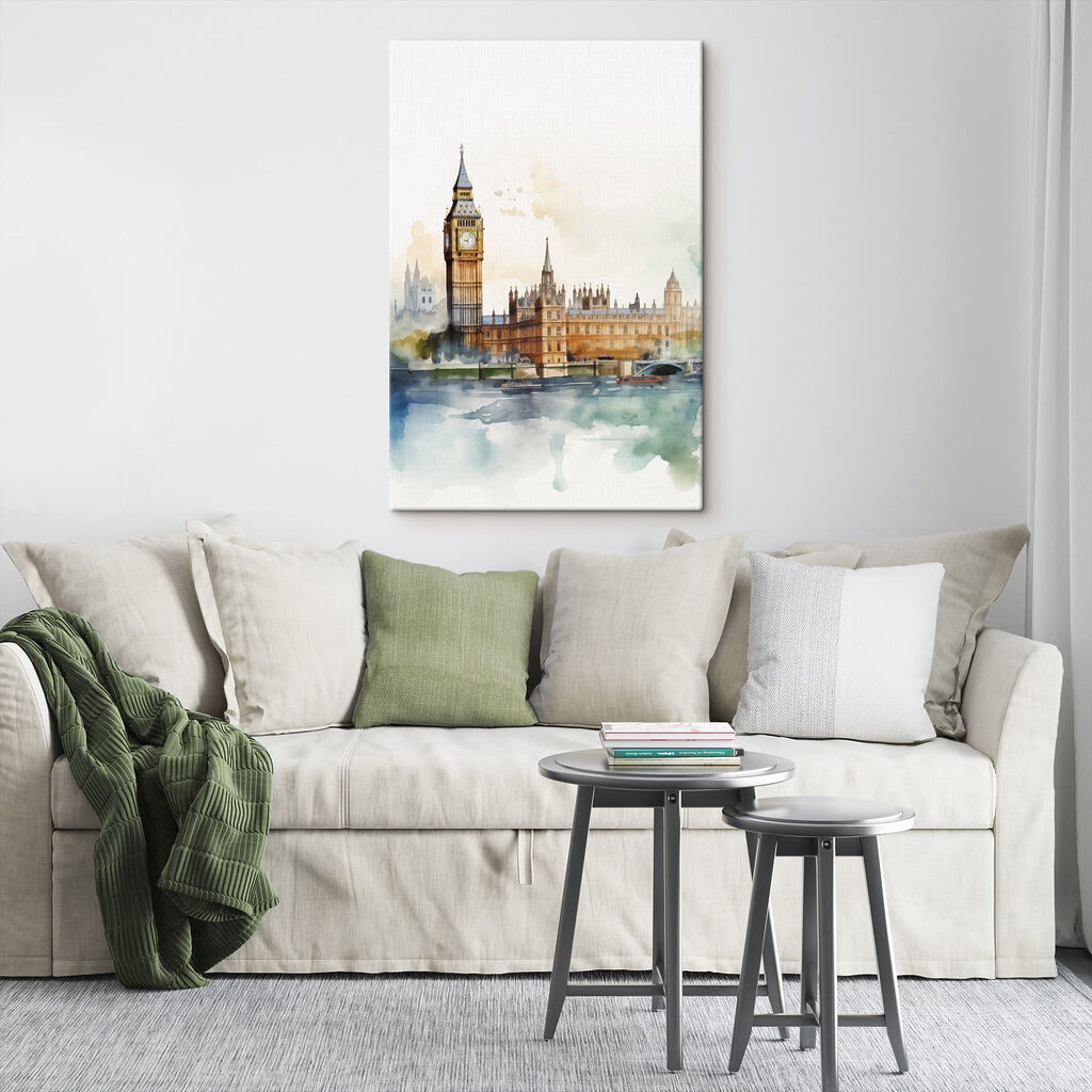 Aquarel van een gebouw met een klokkentoren Aquarel van een gebouw met een klokkentoren