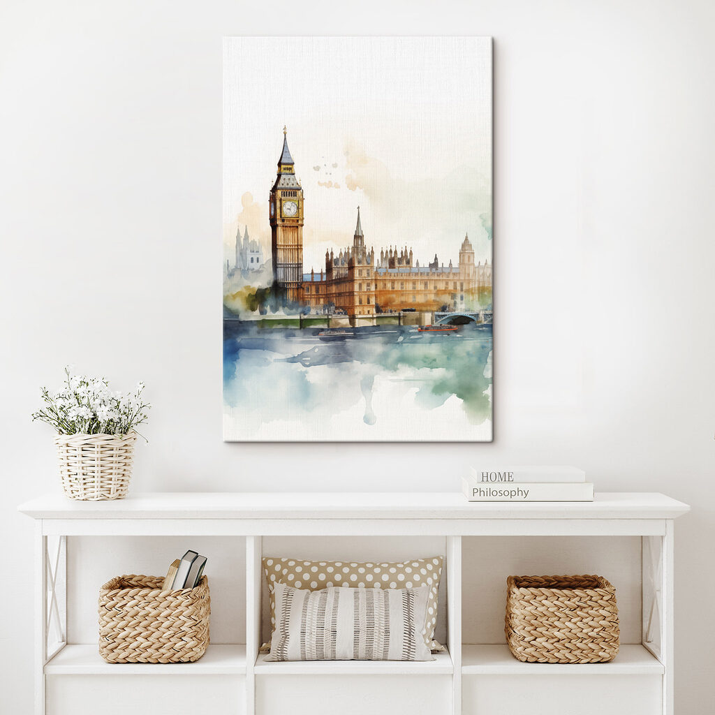 Aquarel van een gebouw met een klokkentoren Aquarel van een gebouw met een klokkentoren