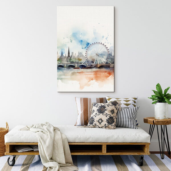 Canvas Schilderijen Canvas Schilderijen Aquarel van een stad met een reuzenrad en een brug (Artikelnummer: s47681)