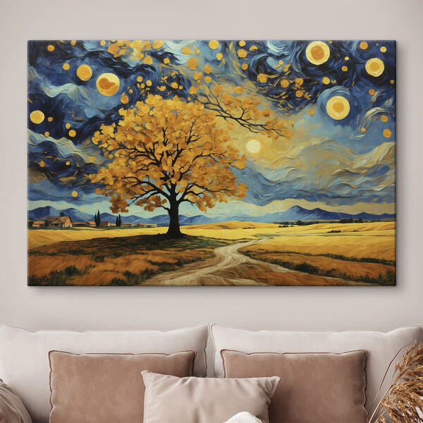 Canvas Schilderijen Schilderij van een boom in een veld