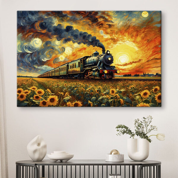Canvas Schilderijen Canvas Schilderijen Trein op de rails met zonnebloemen en rook die uit de locomotief komt (Artikelnummer: s47257)