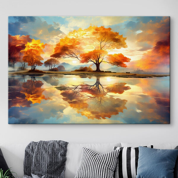 Canvas Schilderijen Boom met gele bladeren op de grond en een waterpartij