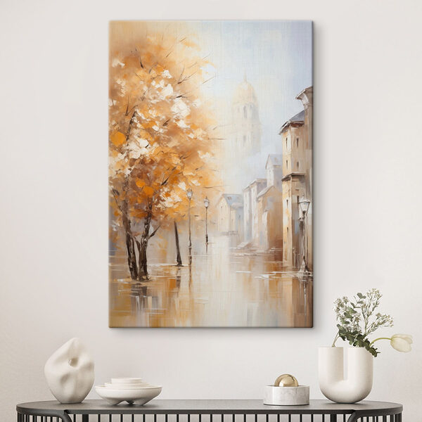 Canvas Schilderijen Schilderij van een straat met bomen en gebouwen op de achtergrond