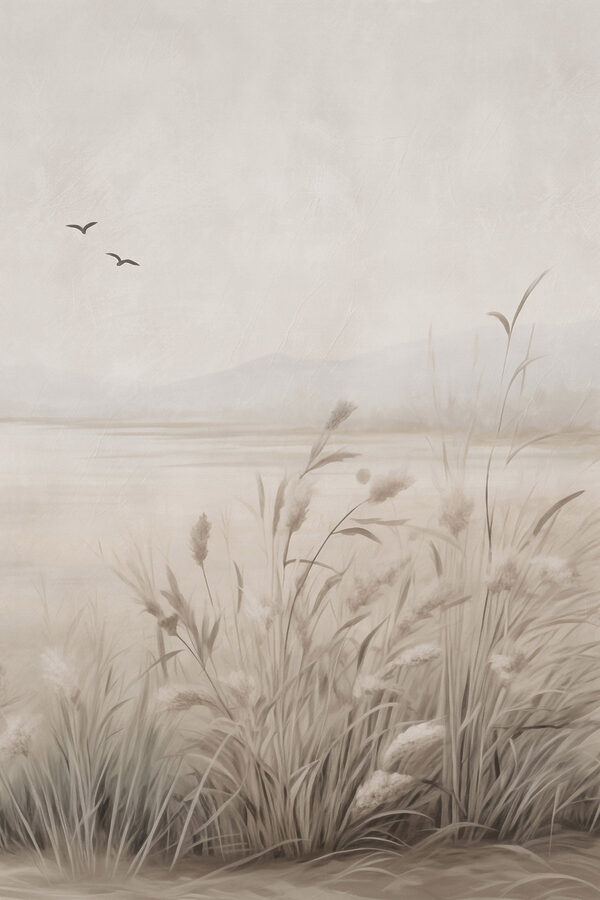 Painting of a field of grass and birds flying in the sky Painting of a field of grass and birds flying in the sky