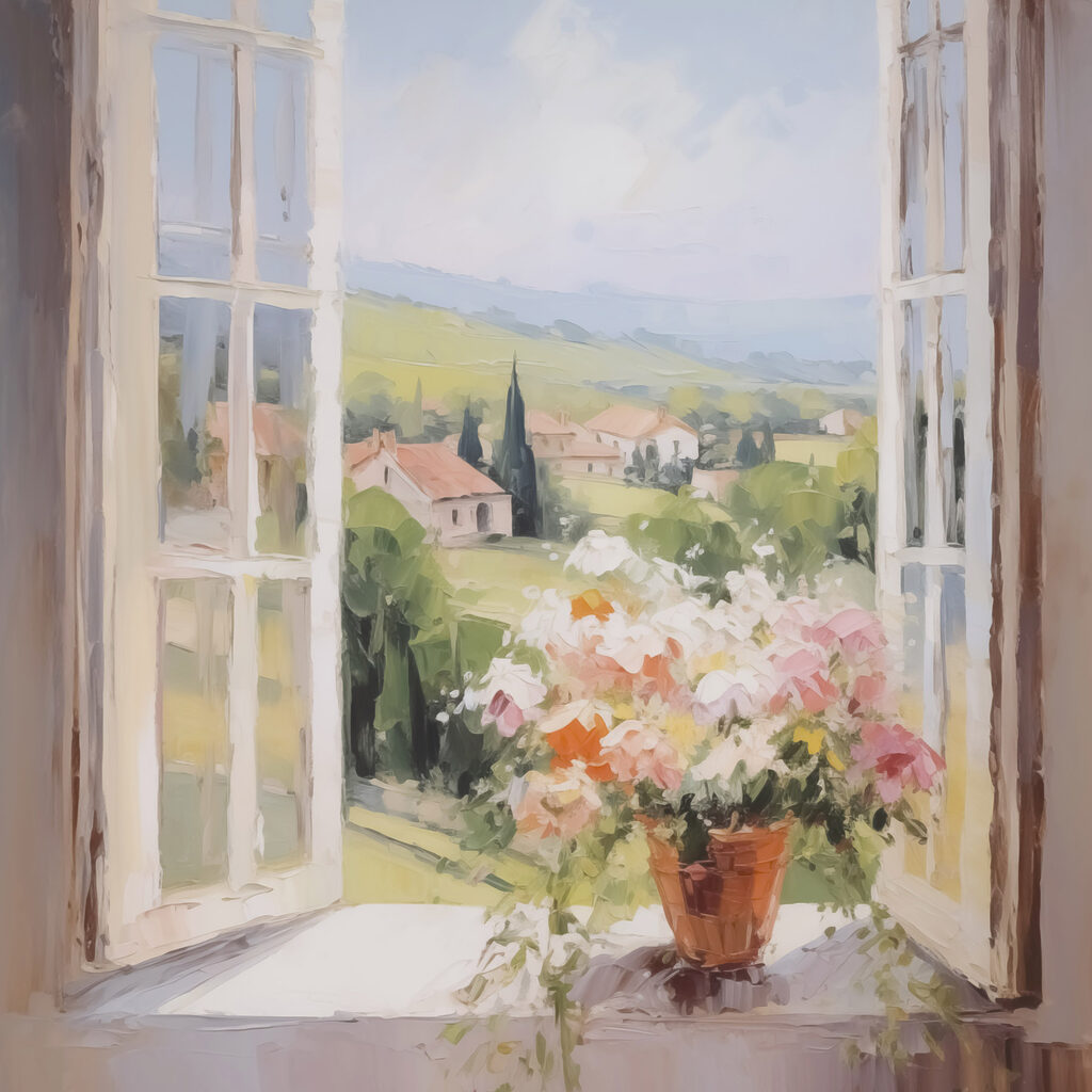 Painting of a window with flowers in it