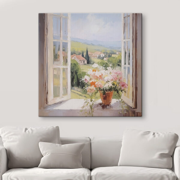 Canvas Schilderijen Schilderij van een raam met bloemen erin