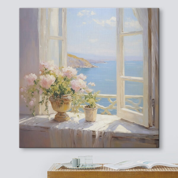 Canvas Schilderijen Schilderij van bloemen op een vensterbank