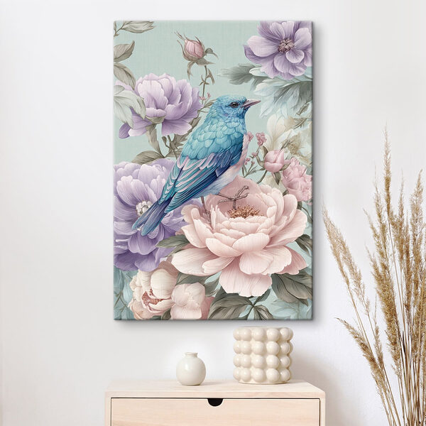 Canvas Schilderijen Canvas Schilderijen Een blauwe vogel die op een bloem zit (Artikelnummer: s47943)
