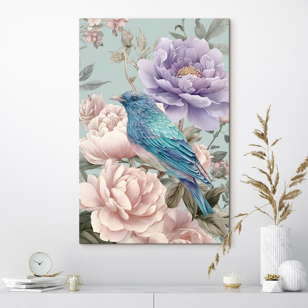 Canvas Schilderijen Canvas Schilderijen Een blauwe vogel die op een bloem zit (Artikelnummer: s47944)