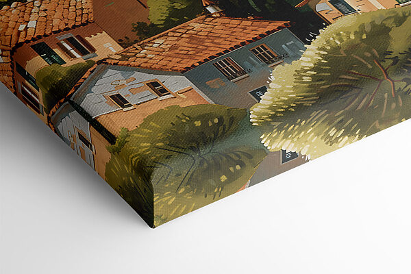 Group of houses with trees and hills in the background