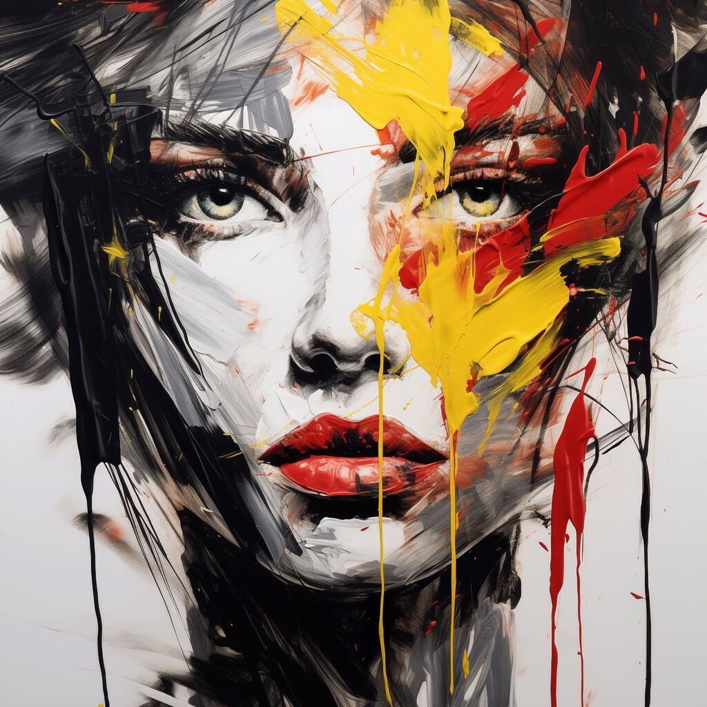 Painting of a woman's face with red yellow and black paint Painting of a woman's face with red yellow and black paint