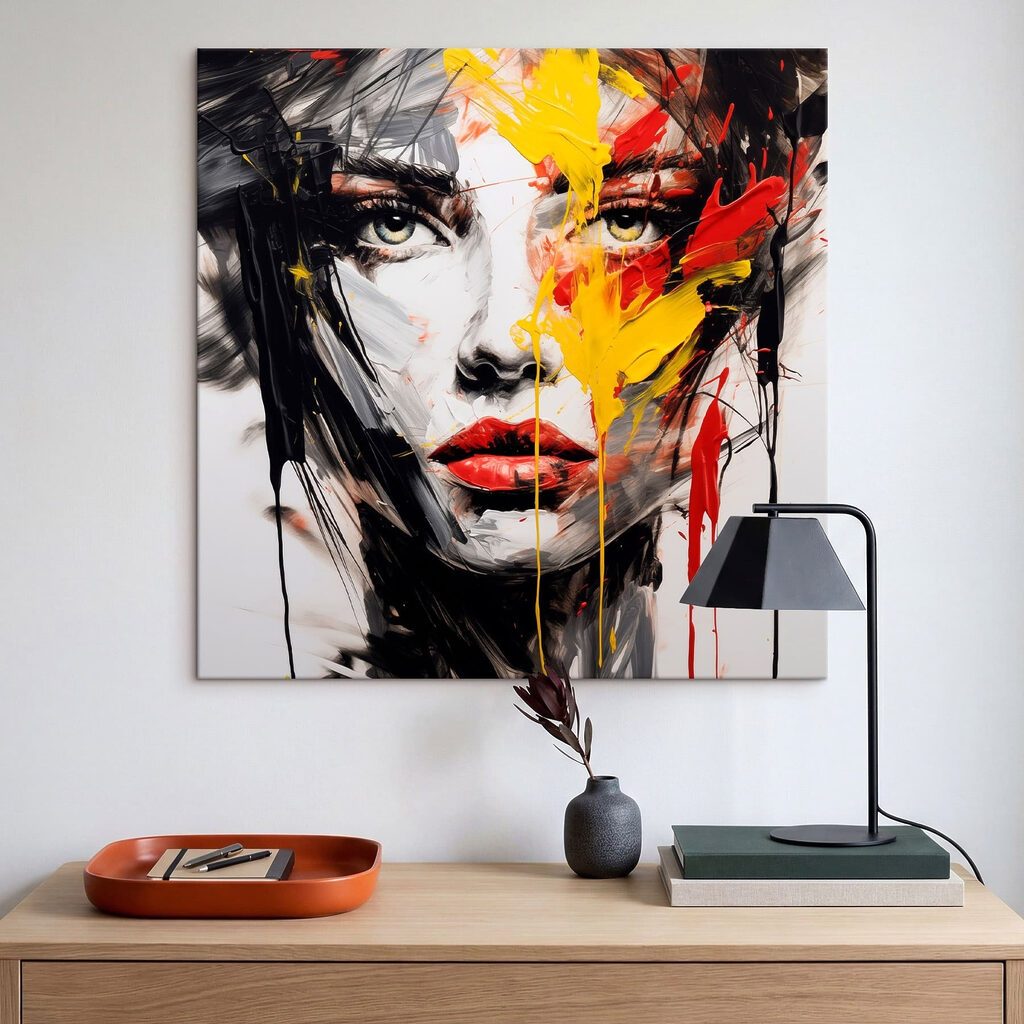 Painting of a woman's face with red yellow and black paint Painting of a woman's face with red yellow and black paint
