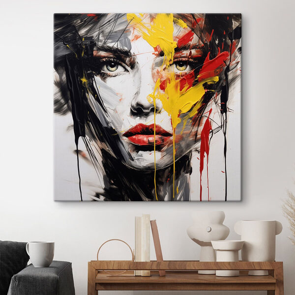 Painting of a woman's face with red yellow and black paint Painting of a woman's face with red yellow and black paint
