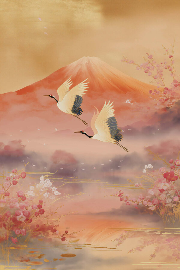 Painting of birds flying over a mountain