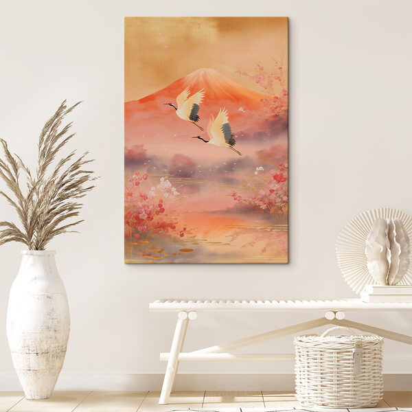 Canvas Schilderijen Schilderij van vogels die over een berg vliegen