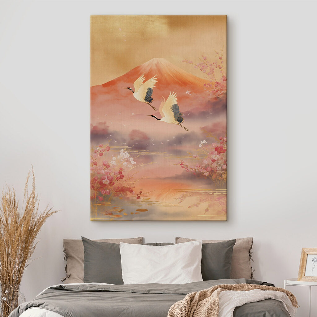 Painting of birds flying over a mountain