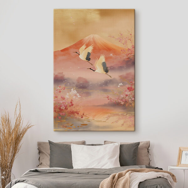 Painting of birds flying over a mountain