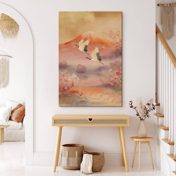 Painting of birds flying over a mountain