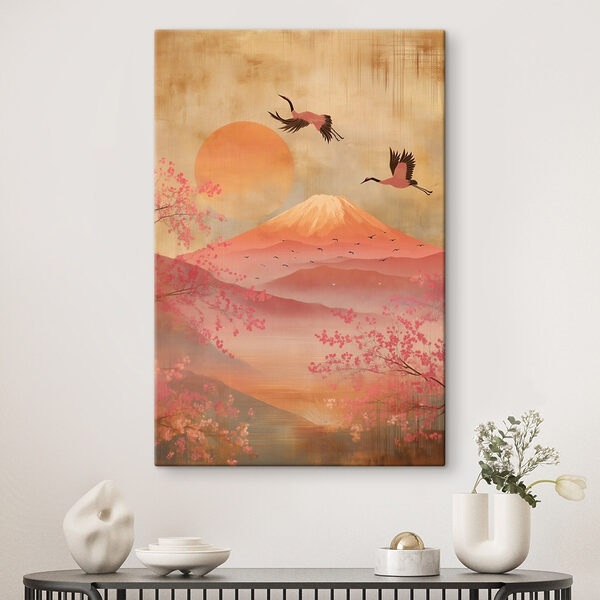 Canvas Schilderijen Schilderij van een berg met een vogel die eroverheen vliegt