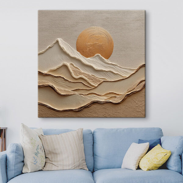 Canvas Schilderijen Schilderij van bergen en de zon