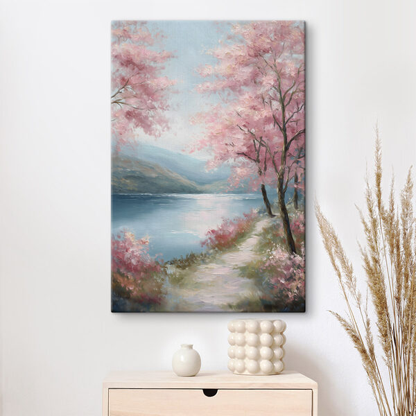 Canvas Schilderijen Schilderij van een meer met roze bomen en bergen