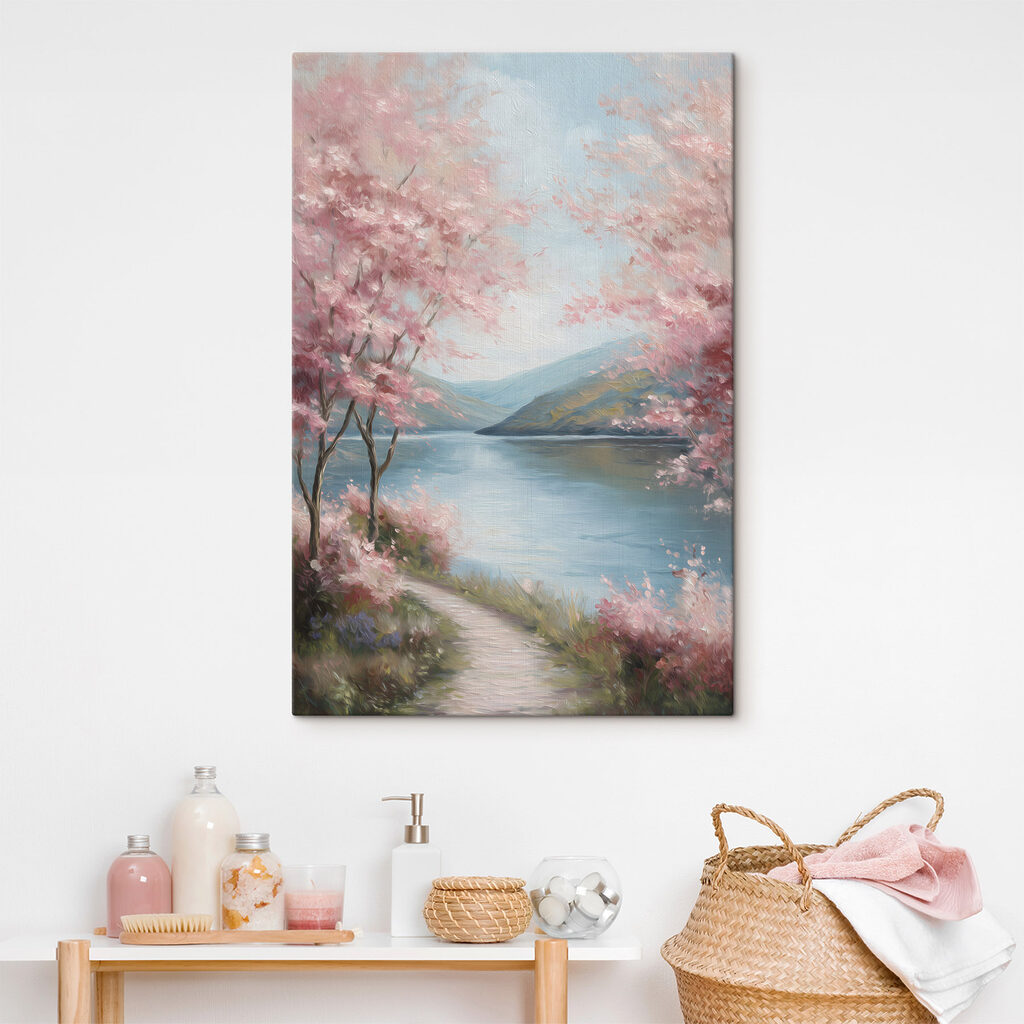 Painting of a lake with pink flowers Painting of a lake with pink flowers