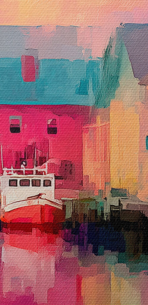Colorful houses and a boat on the water