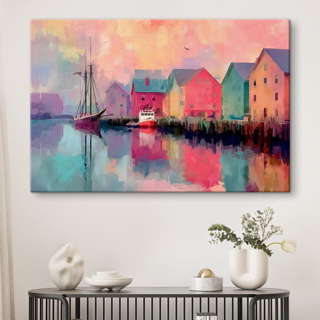 Colorful houses and a boat on the water