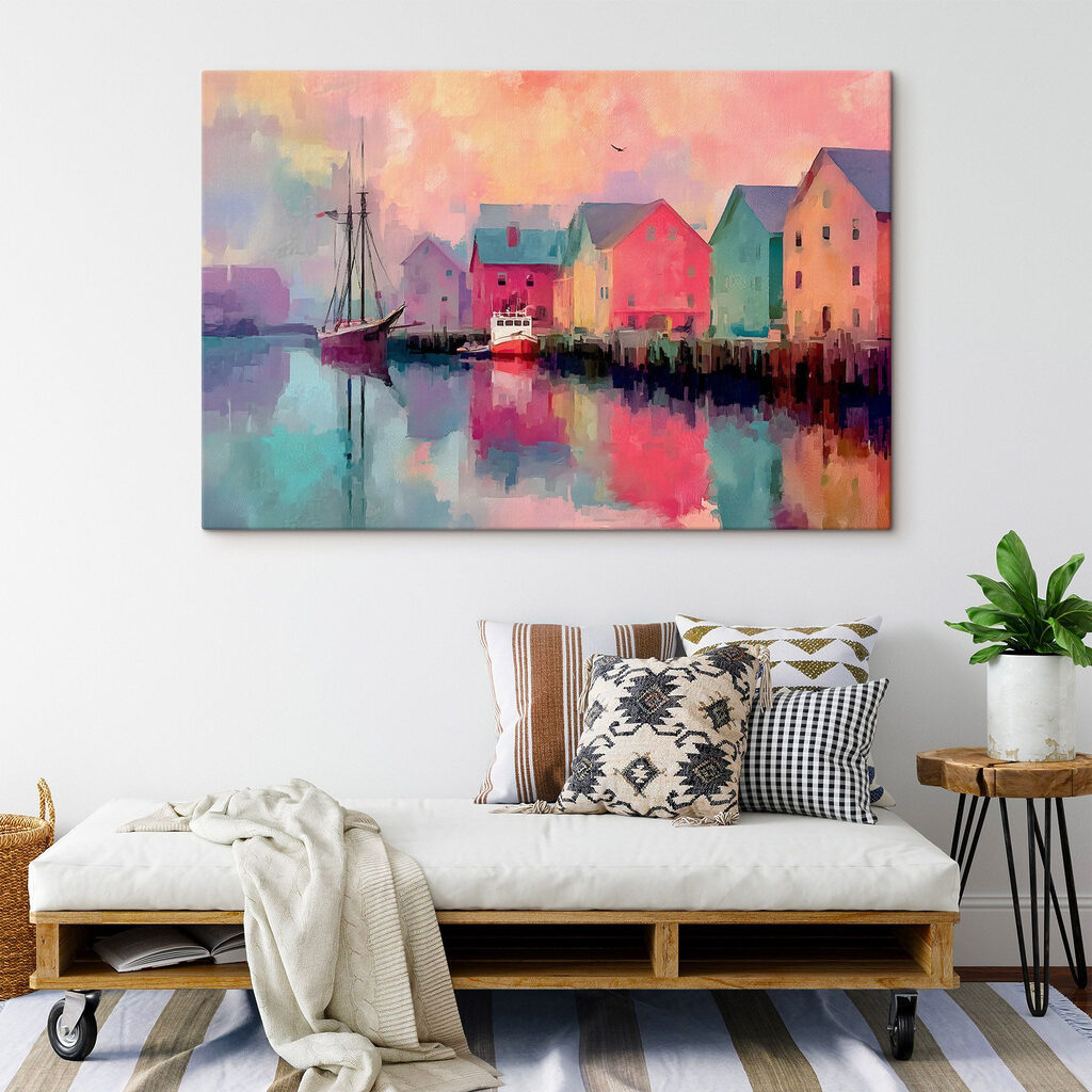 Colorful houses and a boat on the water