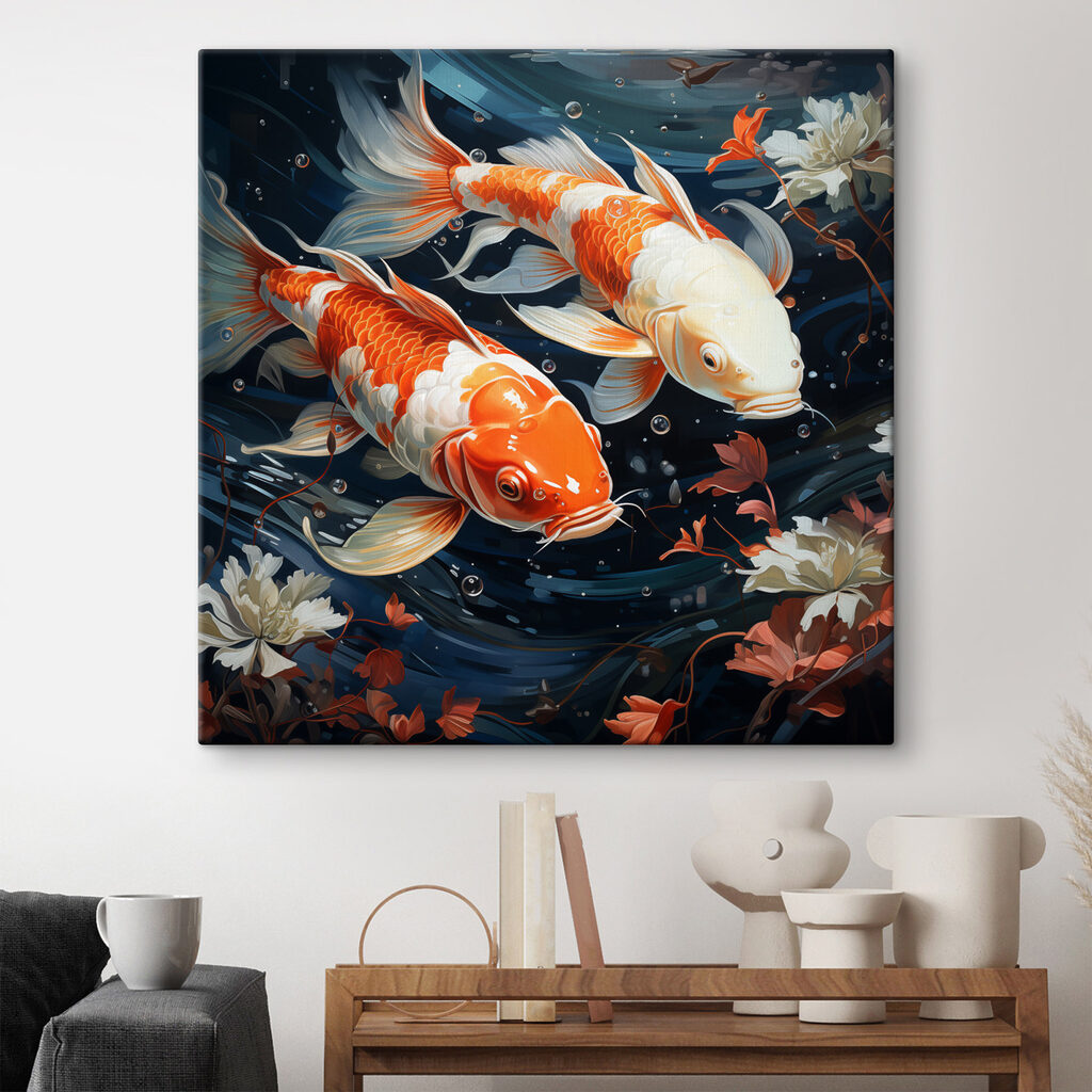 Couple of orange and white fish swimming in water