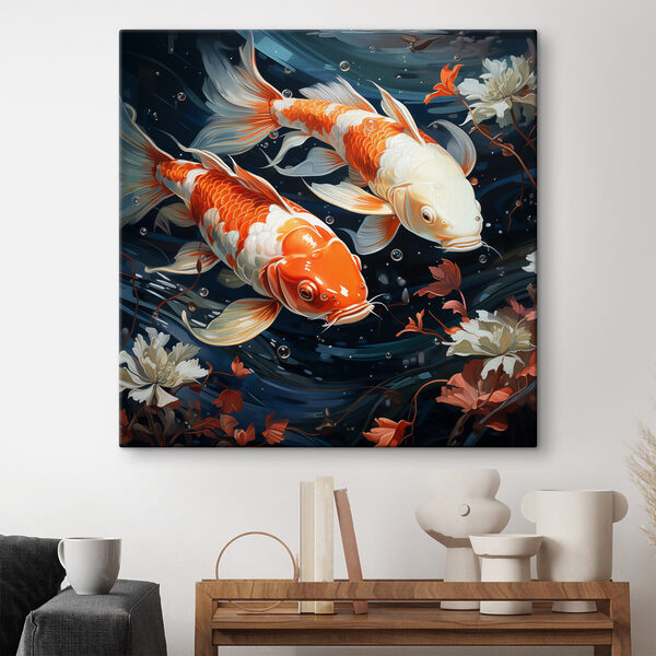 Couple of orange and white fish swimming in water