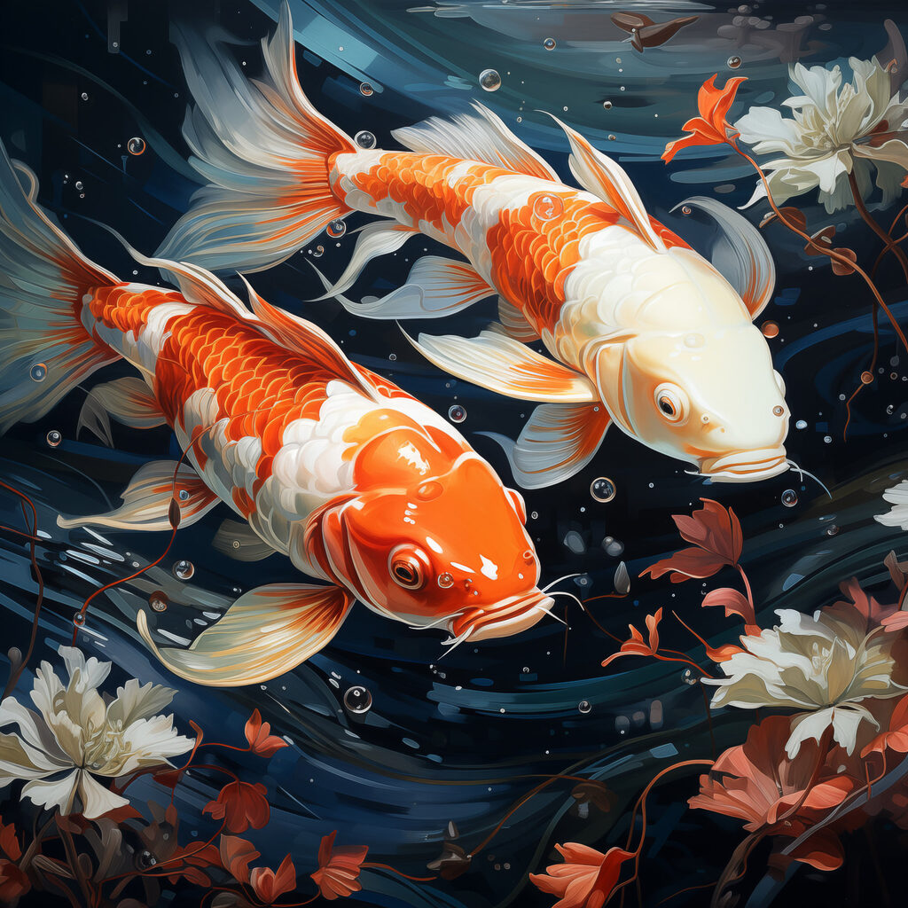 Couple of orange and white fish swimming in water