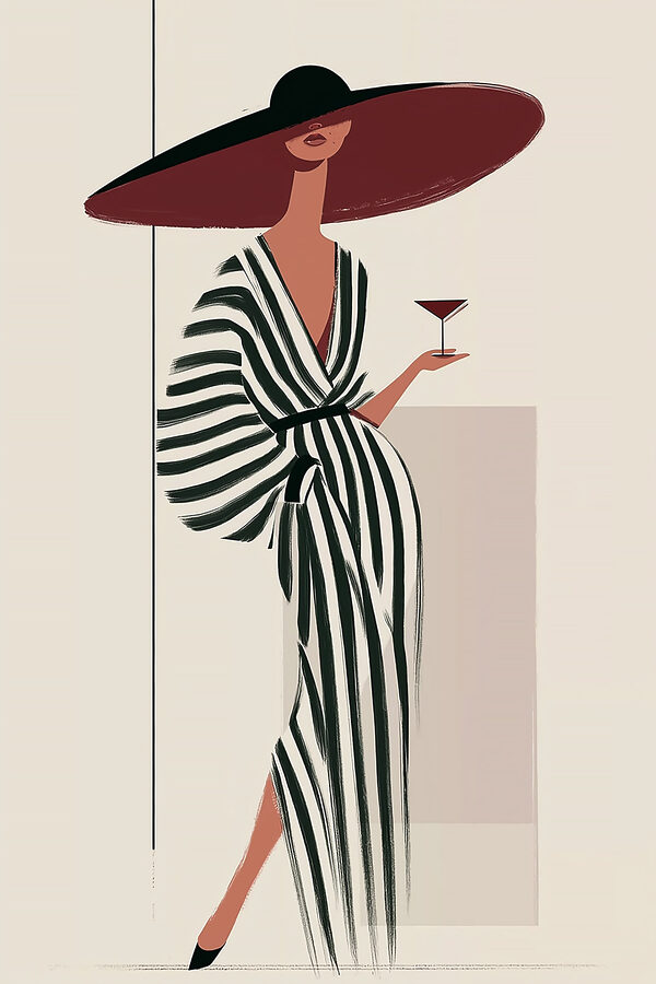 Woman in a striped dress holding a glass of wine Woman in a striped dress holding a glass of wine