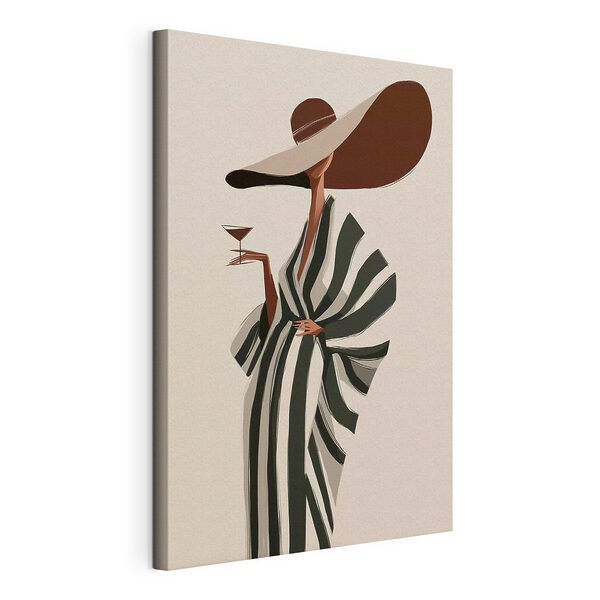 Vrouw met een hoed en een grote hoed, die een glas wijn vasthoudt Canvas Schilderijen Vrouw met een hoed en een grote hoed, die een glas wijn vasthoudt
