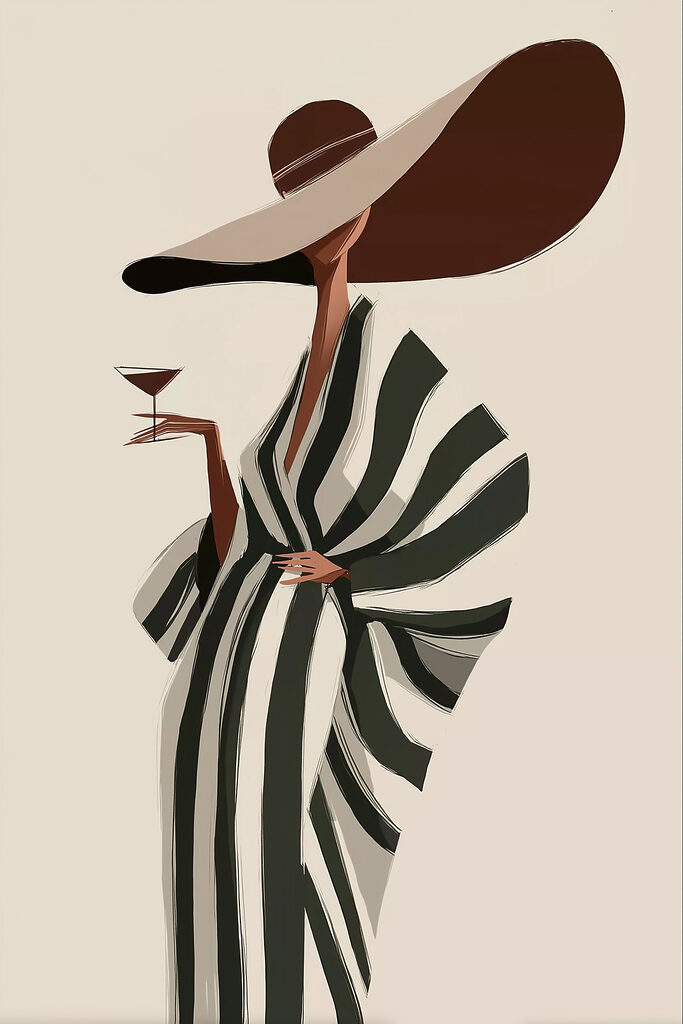 Woman wearing a hat and a large hat holding a glass of wine