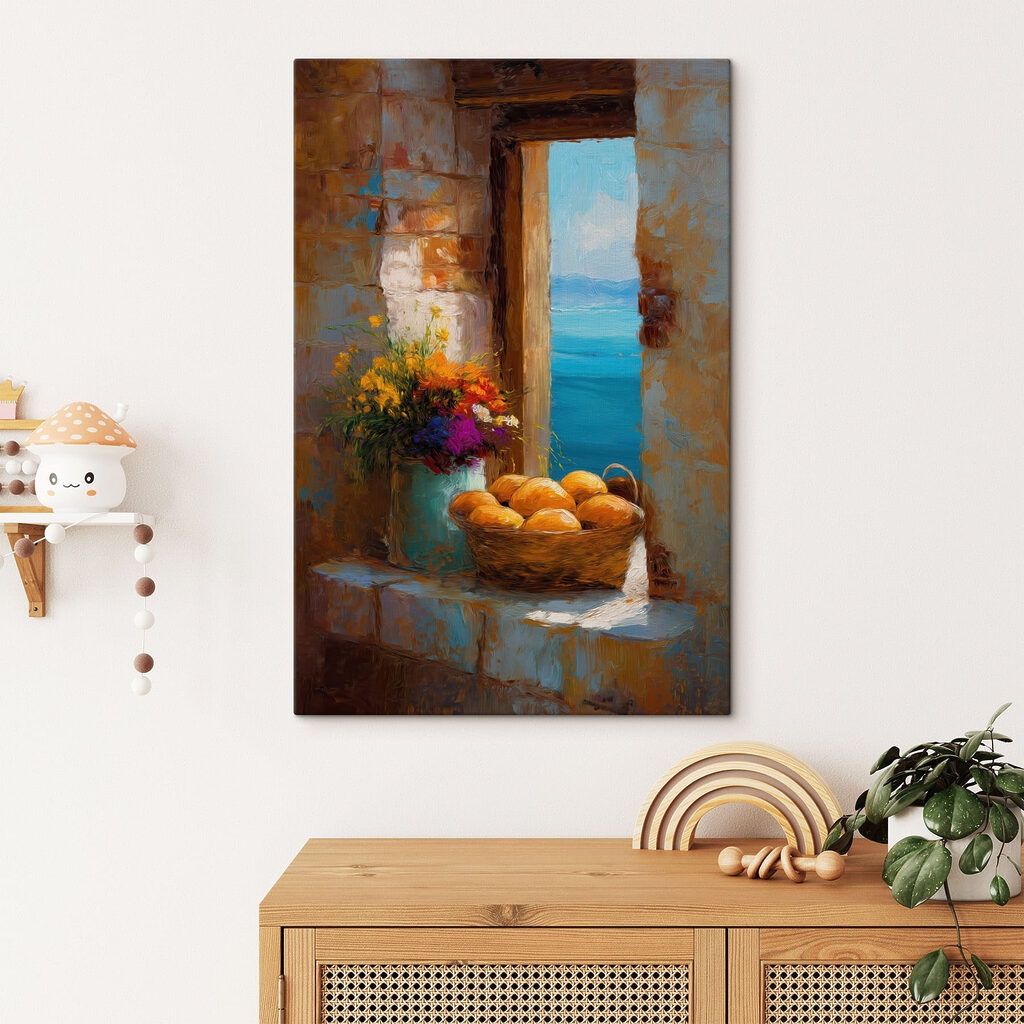 Basket of flowers and a vase of bread